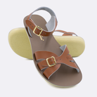 Two Women's sized 1900 Boardwalk style sandals with tan straps and beige insoles.  One standing with the sole facing the camera. The second is laying diagonally over the top left edge of the sole.