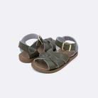 Two baby size 800 Original style sandal color olive. Both pushed together facing the camera diagonally.