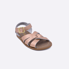 One toddler sized 800 Original style sandal with rose gold straps and a beige insole. Facing left to right diagonally.