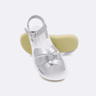 Two little kid sized 8000 Swimmer style sandals with silver straps and white insoles.  One standing with the sole facing the camera. The second is laying diagonally over the top left edge of the sole.