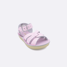 One toddler sized 8000 Swimmer style sandal with shiny pink straps and a shiny pink insole. Facing left to right diagonally.