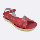 One Women's sized 1900 Boardwalk style sandal with red straps and a red insole. Facing left to right diagonally. 