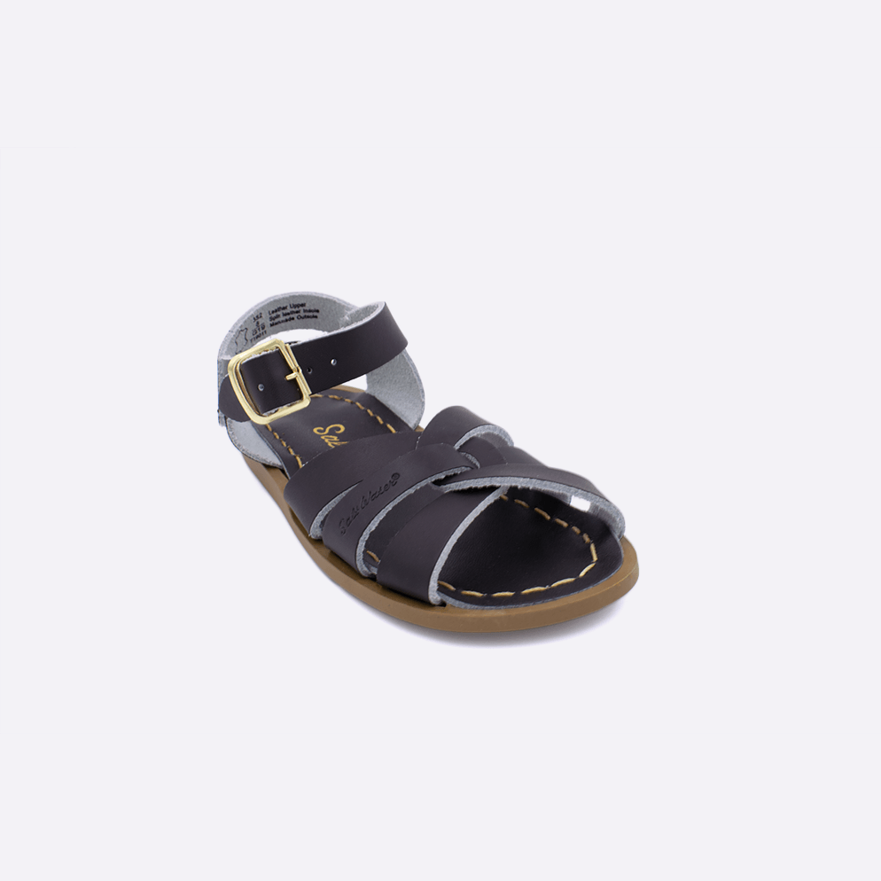One toddler sized 800 Original style sandal with brown straps and a brown insole. Facing left to right diagonally. 