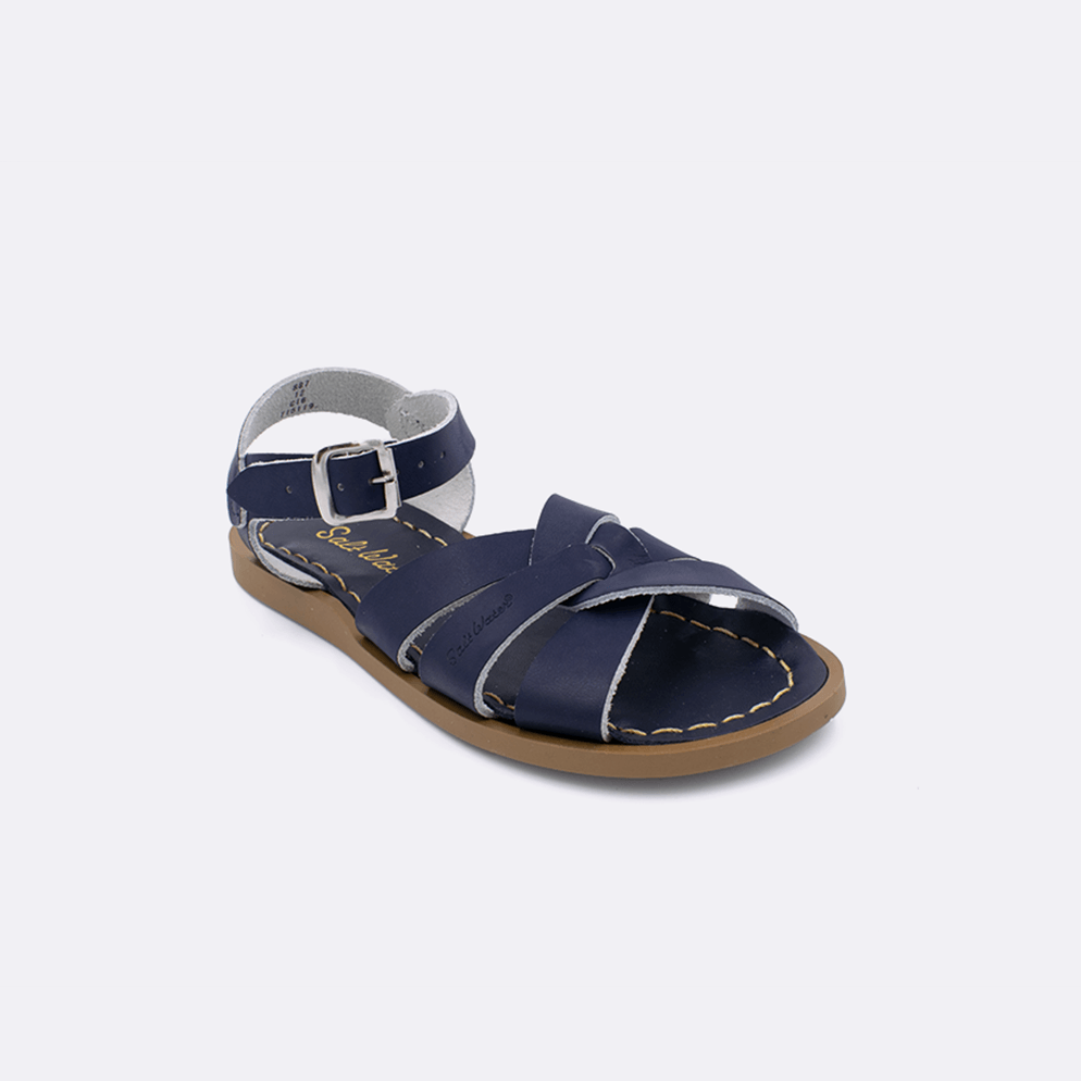 One navy little kid sized 800 Original style sandal. Facing left to right diagonally. 