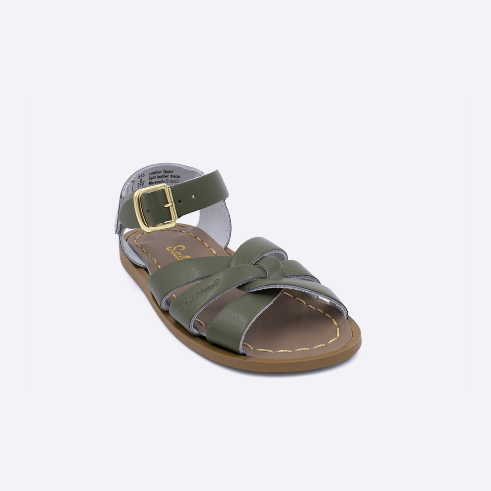 One toddler sized 800 Original style sandal with olive straps and a beige insole. Facing left to right diagonally. 