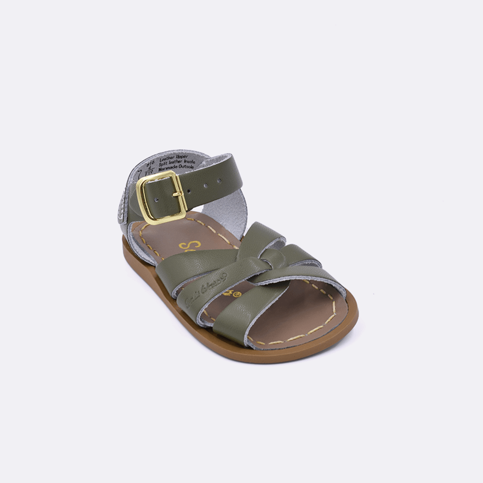 One baby size 800 Original style sandal color olive. Facing left to right diagonally. 