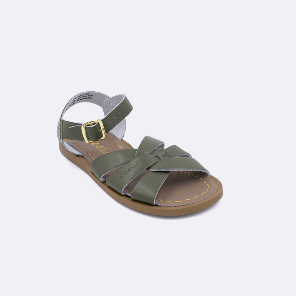 One little kid size 800 Original style sandal color olive. Facing left to right diagonally.