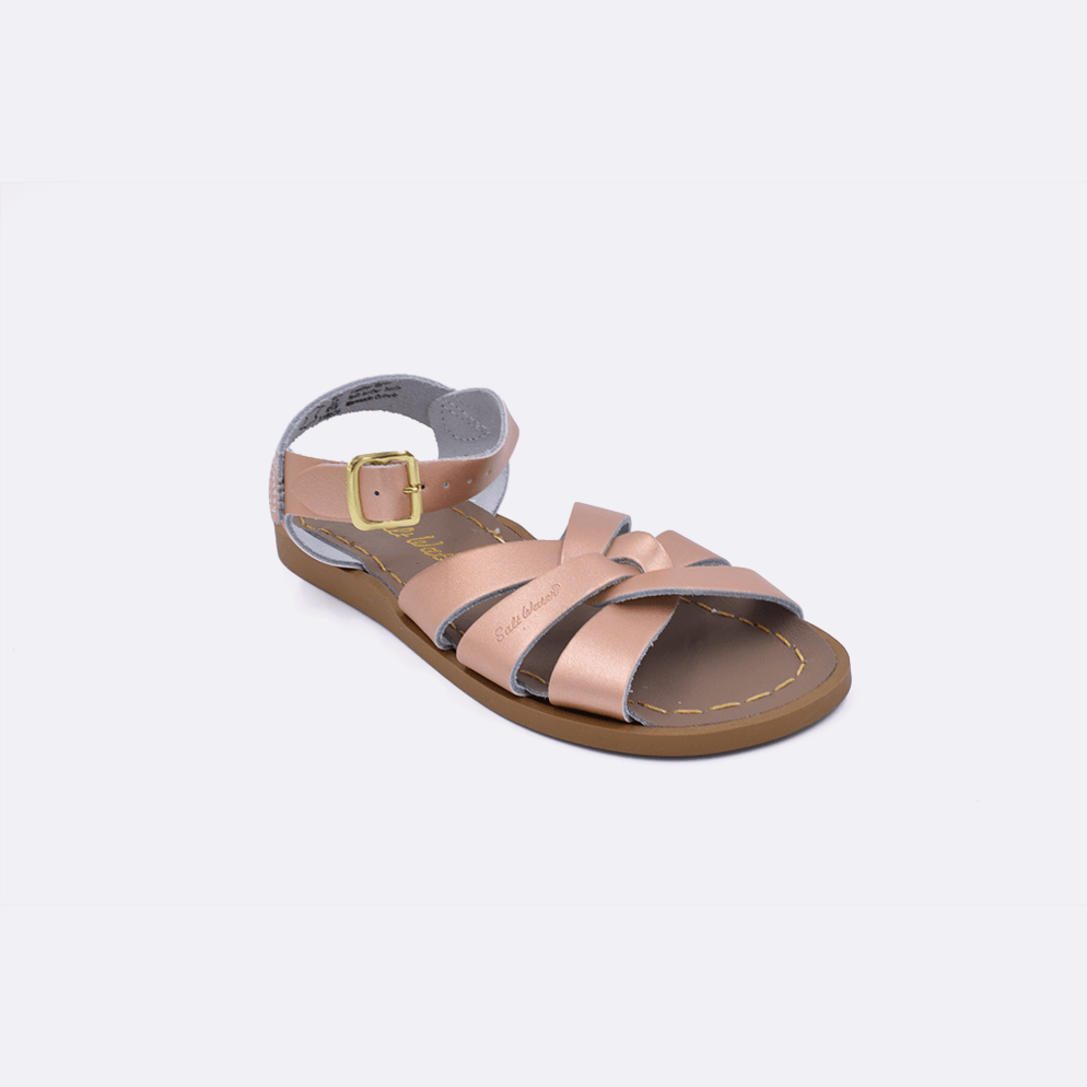 One rose gold little kid sized 800 Original style sandal. Facing left to right diagonally. 