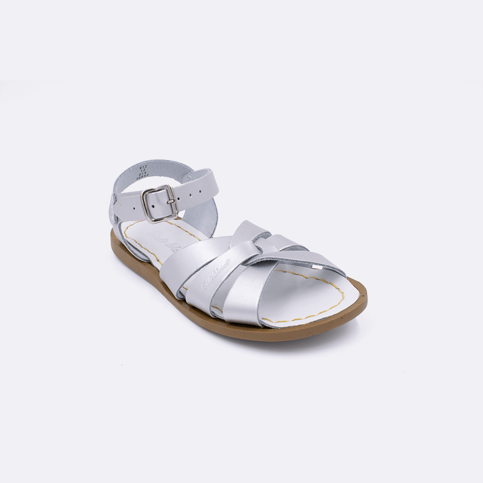 One silver little kid sized 800 Original style sandal. Facing left to right diagonally. 