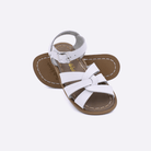 Two baby sized 800 Original style sandals with white straps and beige insoles. Both pushed together facing the camera diagonally.