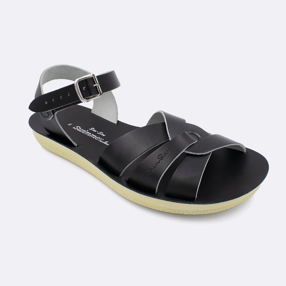 One women's sized 8000 Swimmer style sandal with black straps and a black insole. Facing left to right diagonally. 
