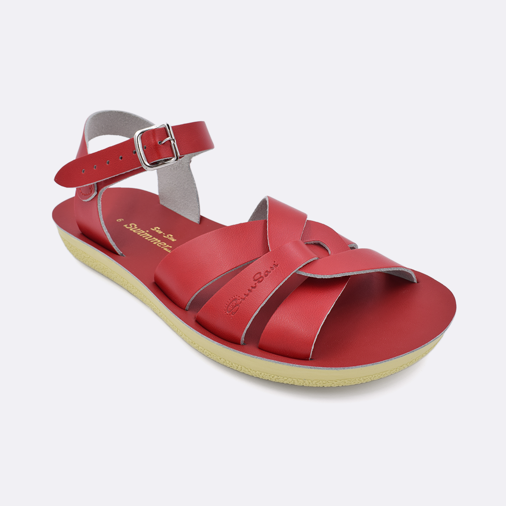 One women's sized 8000 Swimmer style sandal with red straps and a red insole. Facing left to right diagonally. 