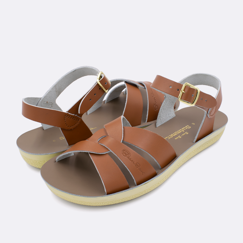 Two women's sized 8000 Swimmer style sandals with tan straps and beige insoles. Both pushed together facing the camera diagonally.