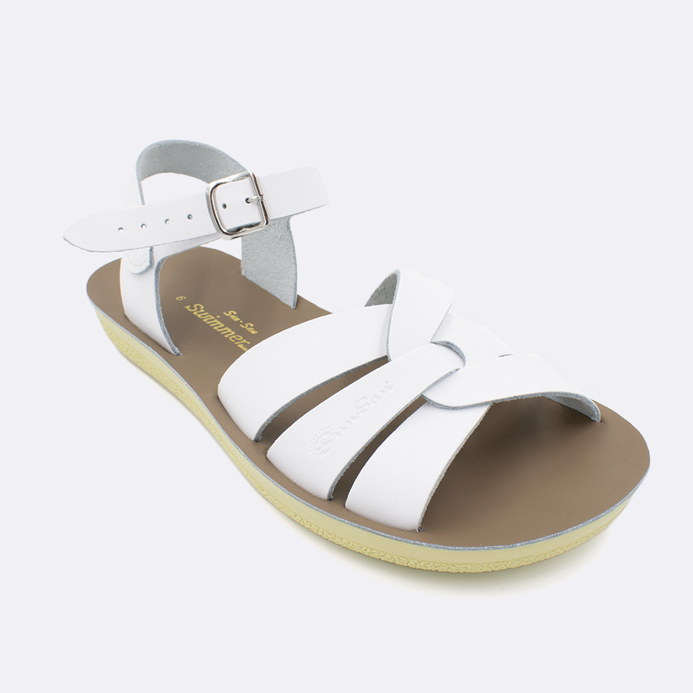 One women's sized 8000 Swimmer style sandal with white straps and a beige insole. Facing left to right diagonally. 