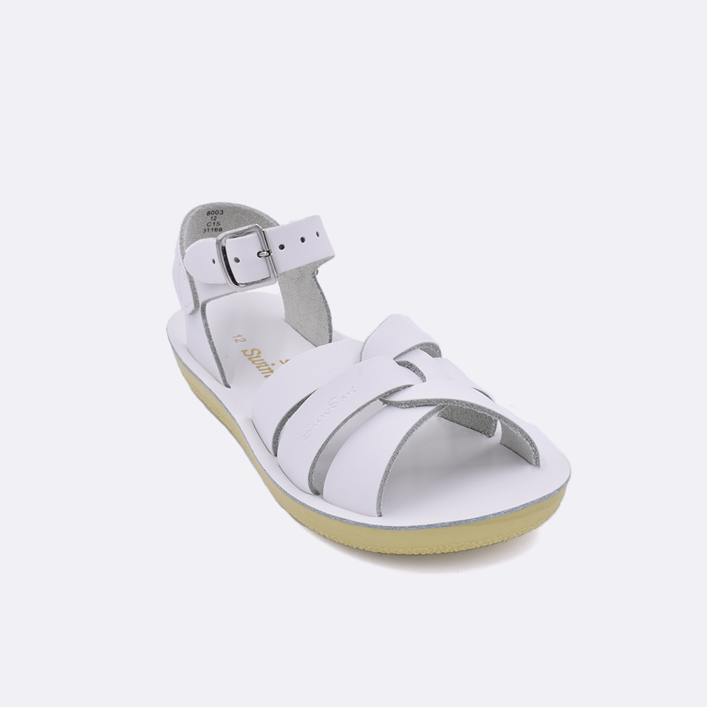 One little kid sized 8000 Swimmer style sandal with white straps and a white insole. Facing left to right diagonally. 