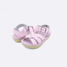 Two toddler sized 8000 Swimmer style sandals with shiny pink straps and shiny pink insoles. Both pushed together facing the camera diagonally.