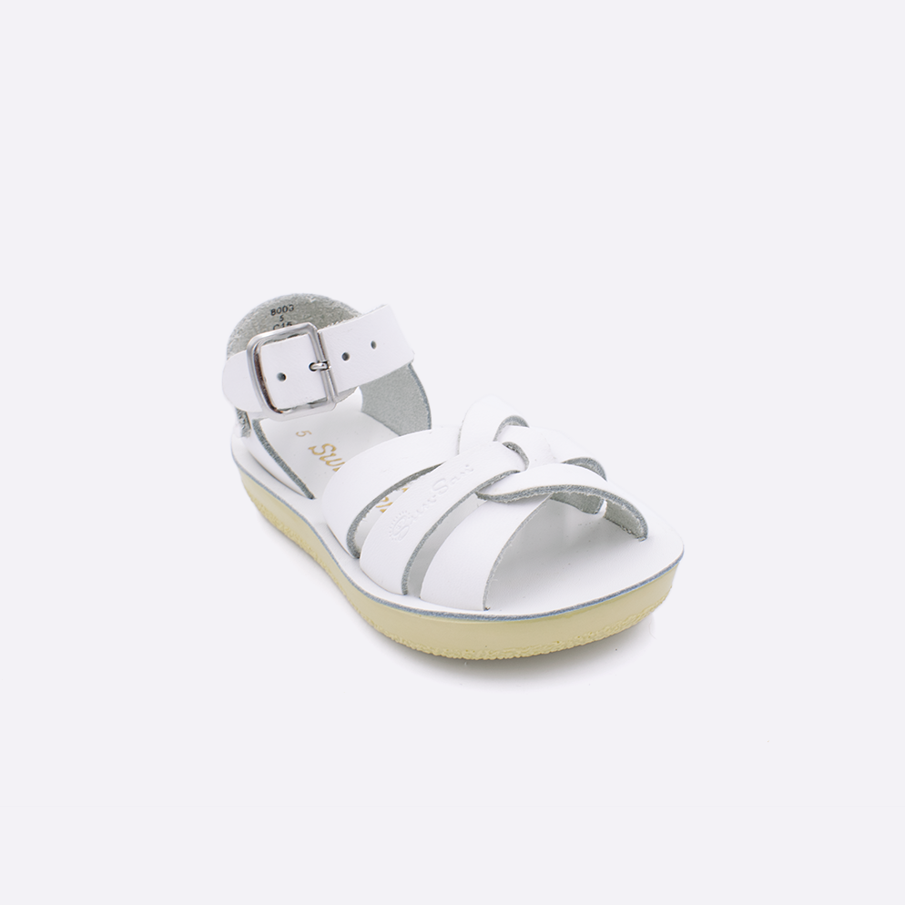One toddler sized 8000 Swimmer style sandal with white straps and a white insole. Facing left to right diagonally. 