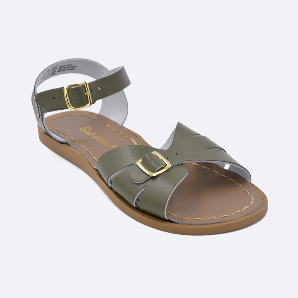 One 900 Classic style sandal color olive. Facing left to right diagonally. 	Adult Size.	