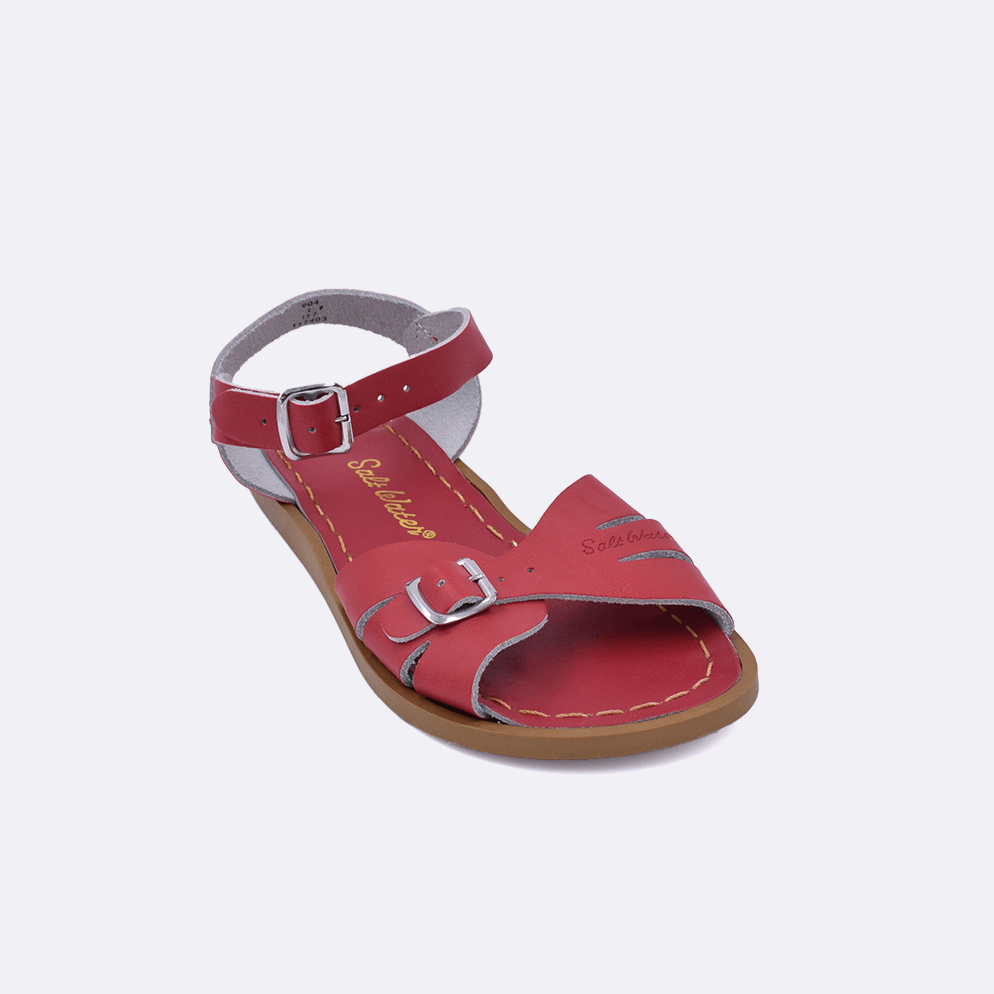 One 900 Classic style sandal color red. Facing left to right diagonally. 	Little Kid Size.