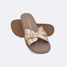 Two 9900 Classic Slide style sandals color gold.  One standing with the sole facing the camera. The second is laying diagonally over the top left edge of the sole.	Little Kid Size.