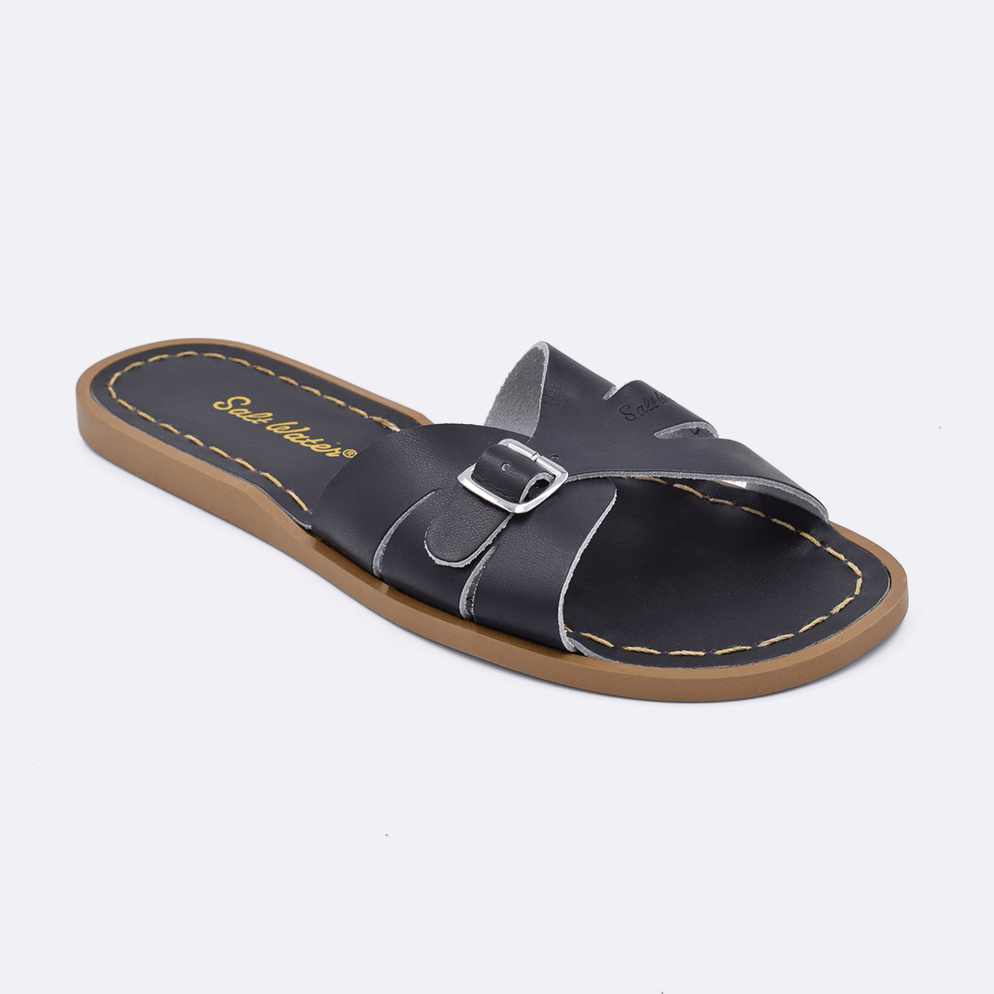 One 9900 Classic Slide style sandal color black. Facing left to right diagonally. 	Adult Size.