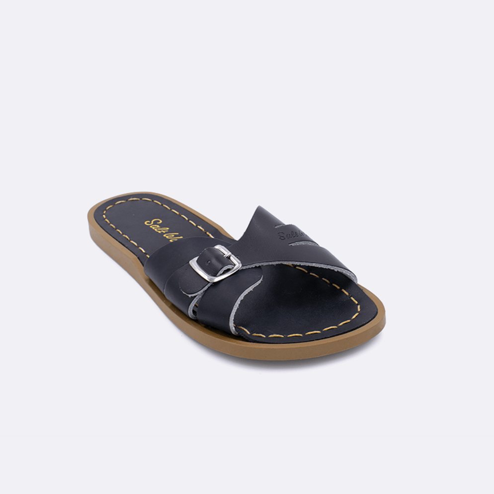 One 9900 Classic Slide style sandal color black. Facing left to right diagonally. 	Little Kid Size.