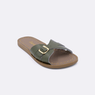 One 9900 Classic Slide style sandal color olive. Facing left to right diagonally. 	Little Kid Size.