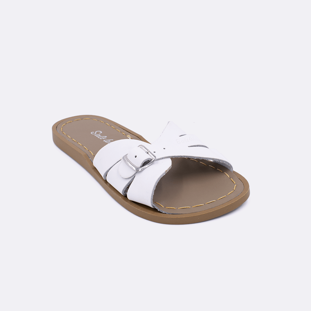 One 9900 Classic Slide style sandal color white. Facing left to right diagonally. 	Little Kid Size.