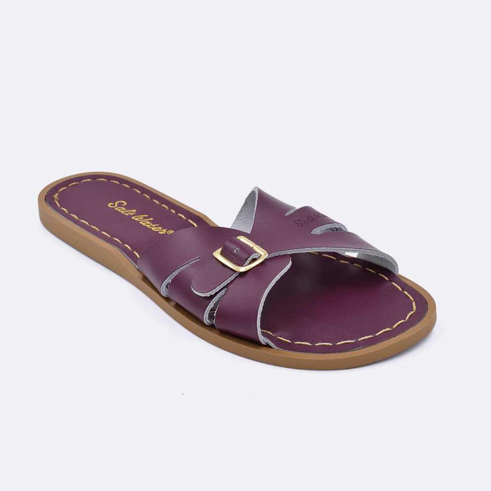 One 9900 Classic Slide style sandal color claret. Facing left to right diagonally. 	Adult Size.