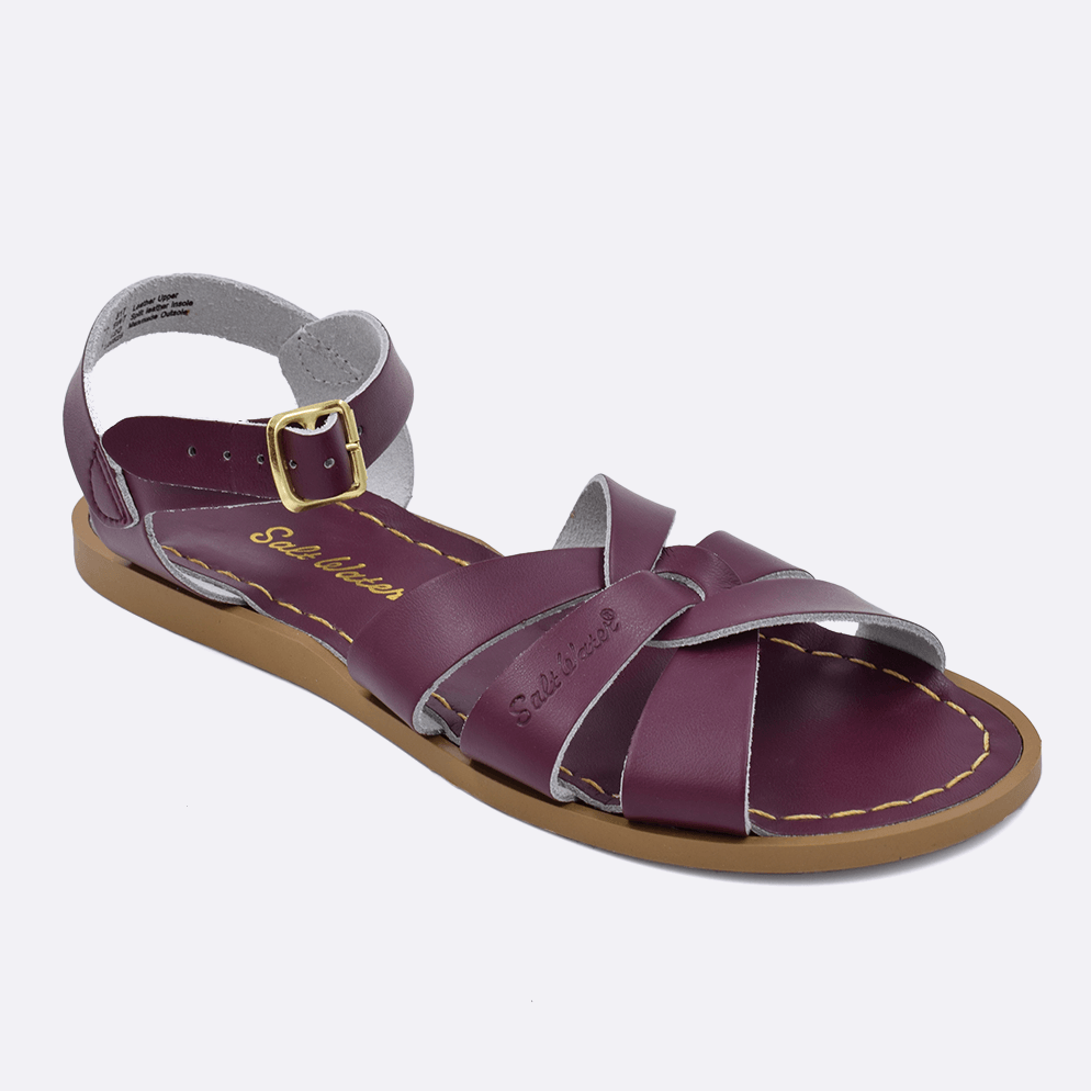 One 800 Original style sandal color claret. Facing left to right diagonally. 	Adult Size.