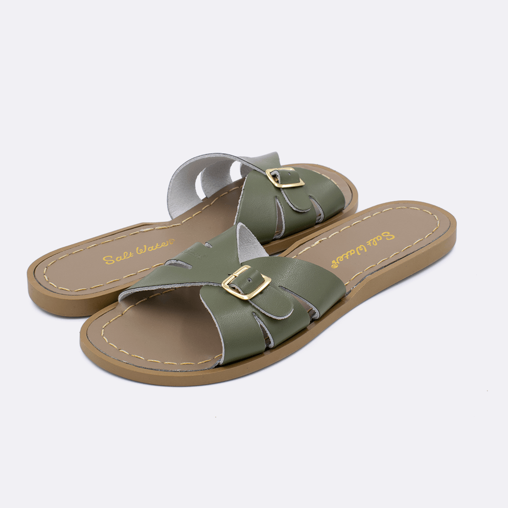 Two 9900 Classic Slide style sandal color olive. Both pushed together facing the camera diagonally.	Adult Size.