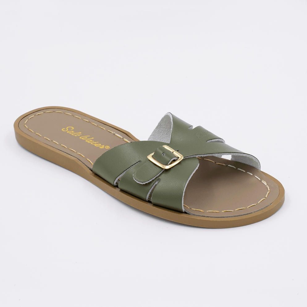 One 9900 Classic Slide style sandal color olive. Facing left to right diagonally. 	Adult Size.