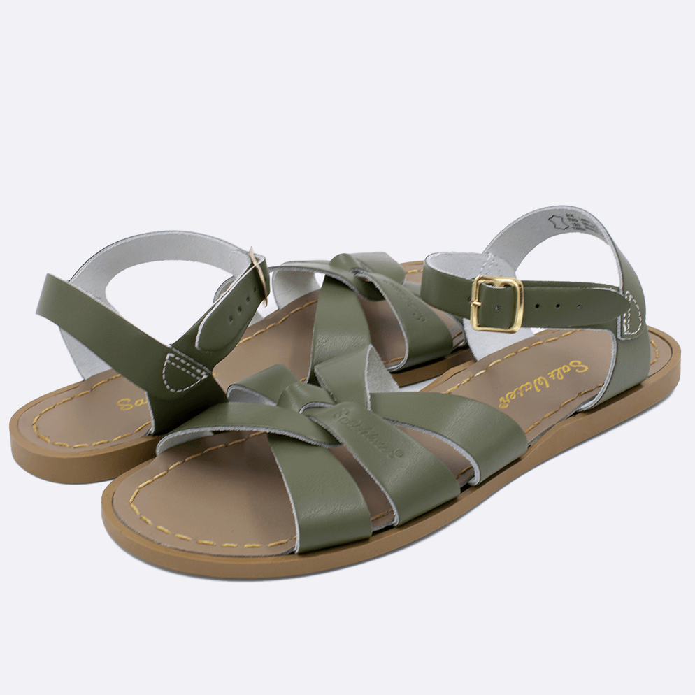Two 800 Original style sandal color olive. Both pushed together facing the camera diagonally.	Adult Size.