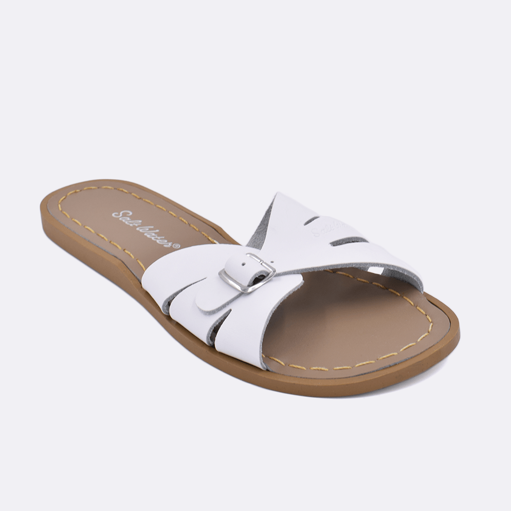 One 9900 Classic Slide style sandal color white. Facing left to right diagonally. 	Adult Size.